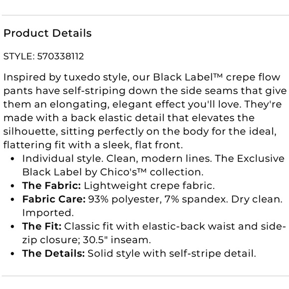 Chico’s Black Label Crepe Flow Tuxedo Pants Classic Fit Zipper Lightweight - Picture 8 of 8